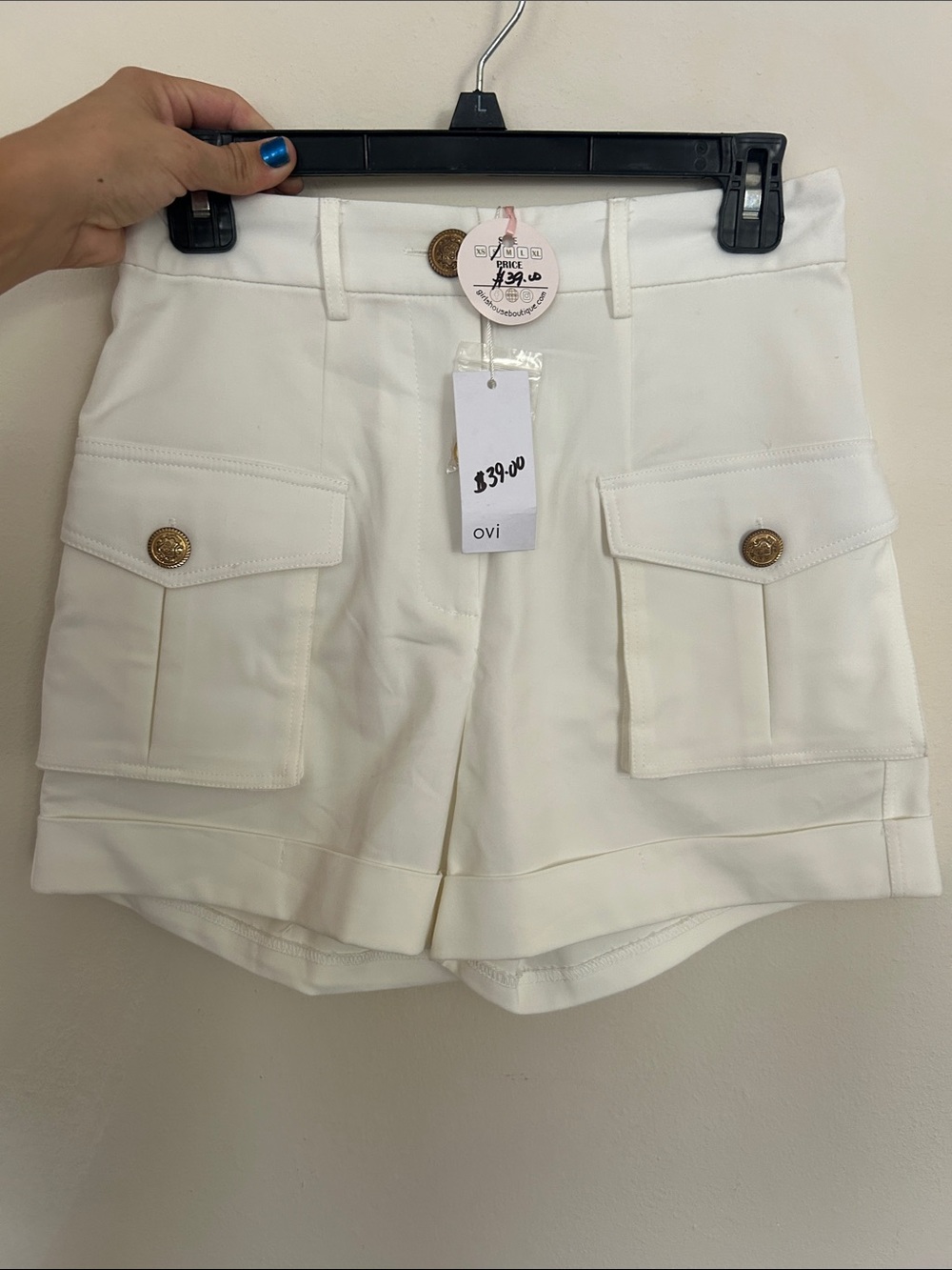 Ovi Cream Cargo Pocket Women's Shorts with Gold Buttons